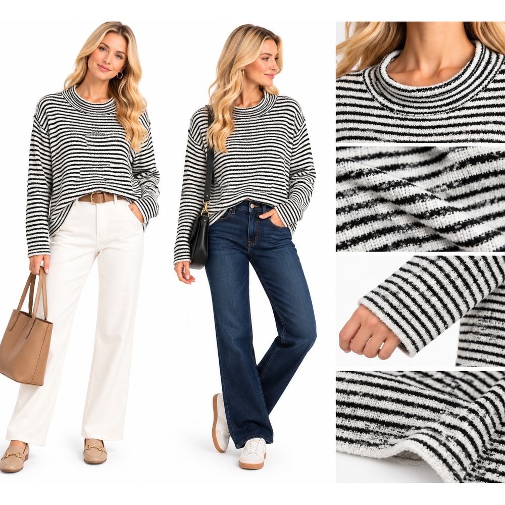 J.Crew L Sweater Black White Striped Textured Knit Mock Neck Coastal Preppy